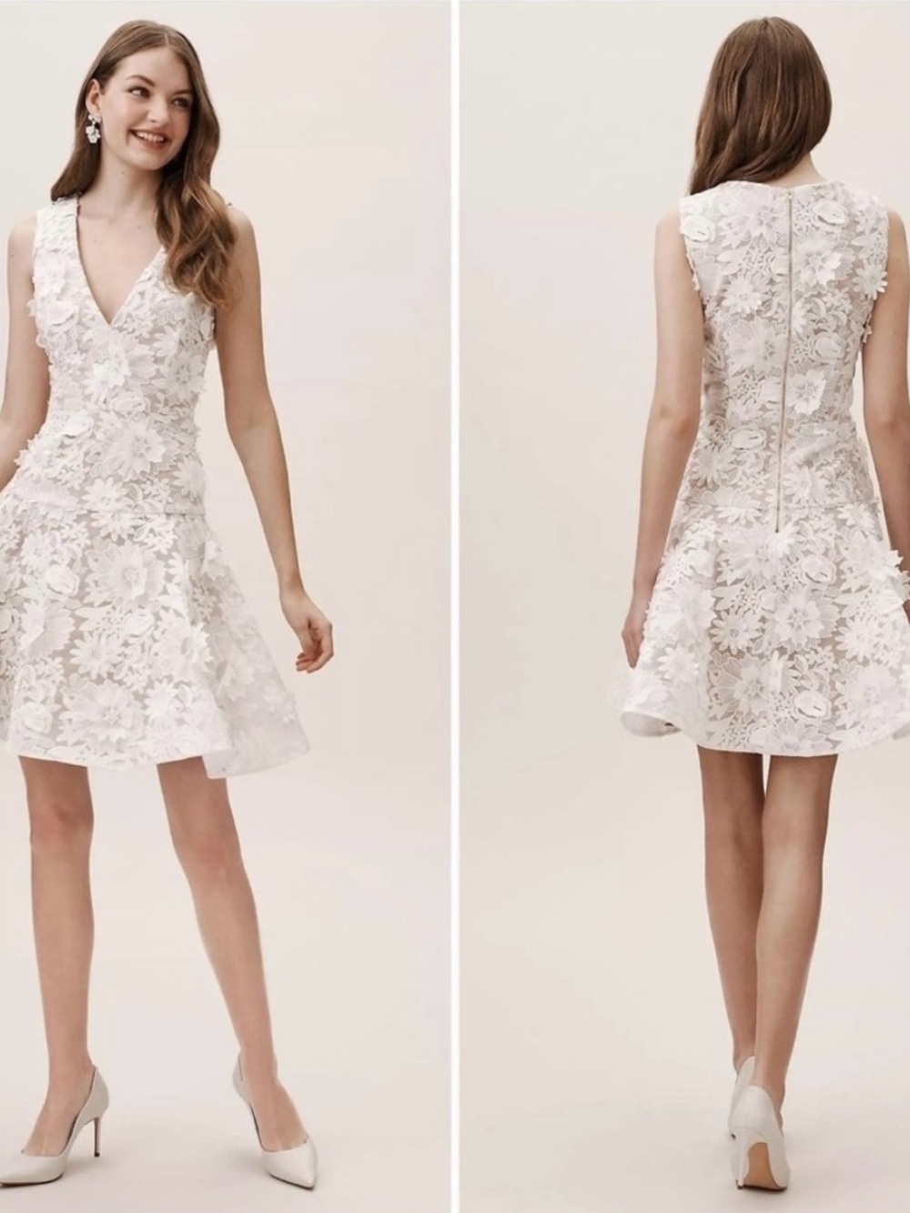 BHLDN White Floral Lace V-Neck A-Line Mini Dress